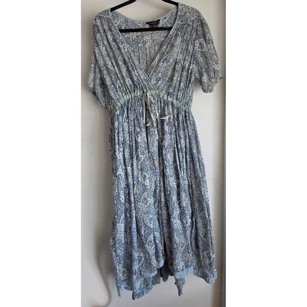 VTG Karma Highway Midi Dress XL Blue White Cotton Paisley V-Neck 3/4 Sleeve Boho